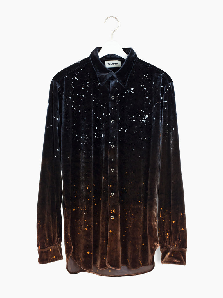 Kozaburo AW22 Bonfire Painted/Bleached Velour Snap Shirt